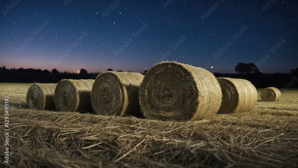 Poster rolls of hay on a field at night under a starry sky with a gradient of colors in the horizon emphasi
