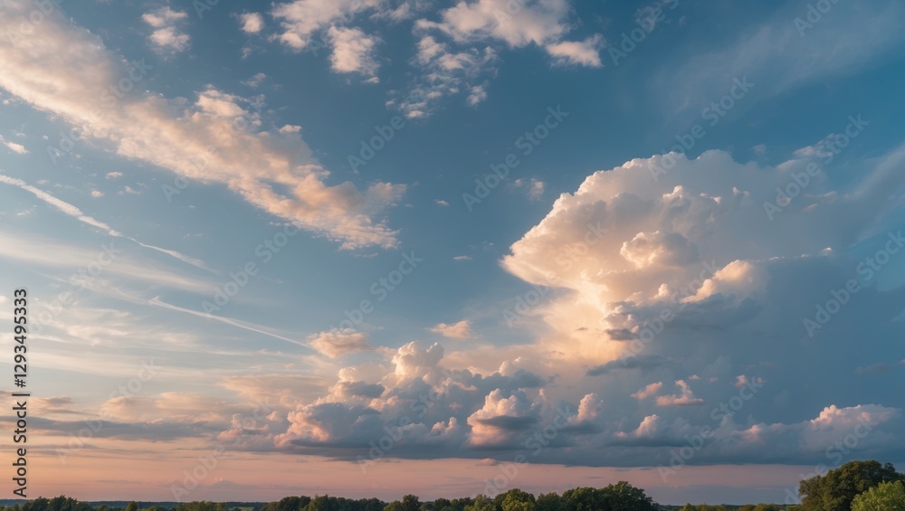 Poster morning summer sky with colorful clouds and gentle sunlight illuminating the horizon, creating a ser