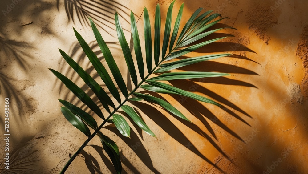 Poster palm leaf shadow casting on earthy textured background in warm tones