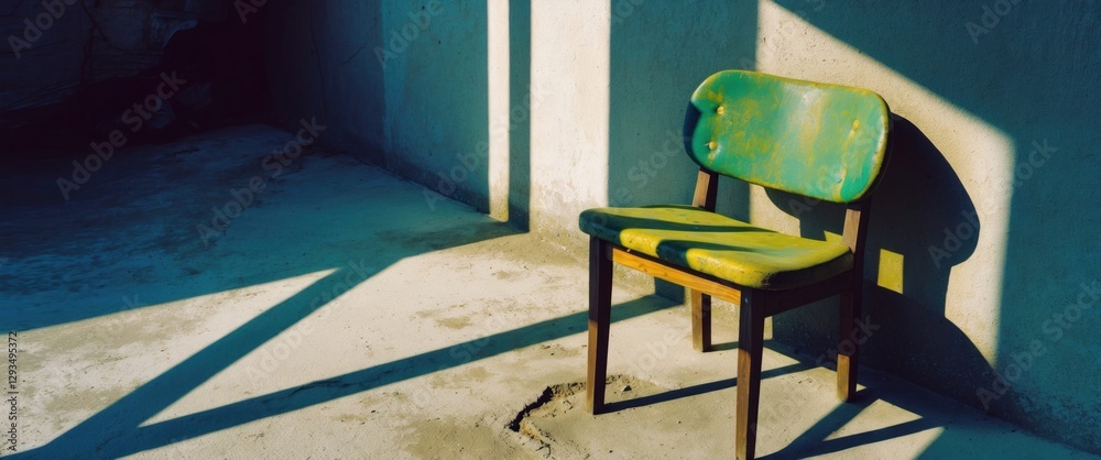 Poster sunlight casting shadows on an abandoned cement chair highlighting textures and vibrant colors in an