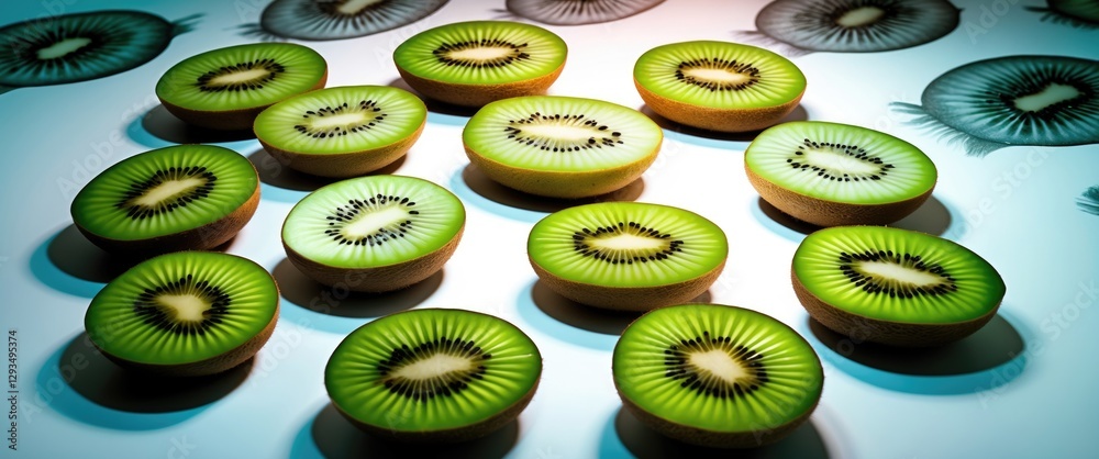 Aufkleber Sliced kiwi fruit arranged in a vibrant pattern with backlighting on a white background showcasing fresh textures and colors.