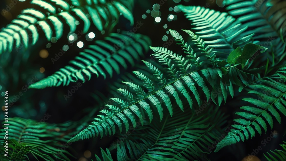 Aufkleber Close up of dark green ferns with selective focus highlighting intricate leaf patterns and textures in an abstract jungle setting.