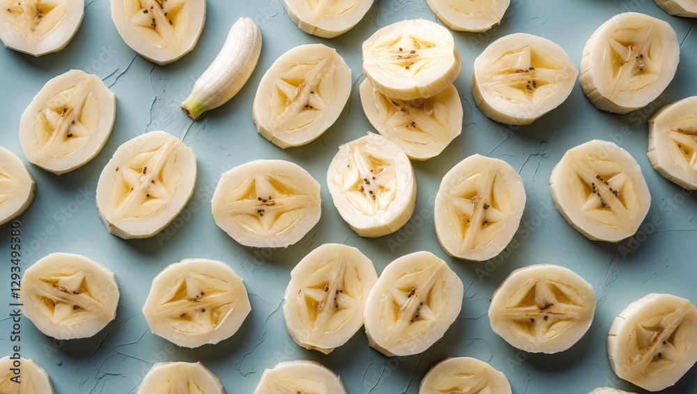 Poster sliced banana circles on blue background with copy space for text healthy food concept top view