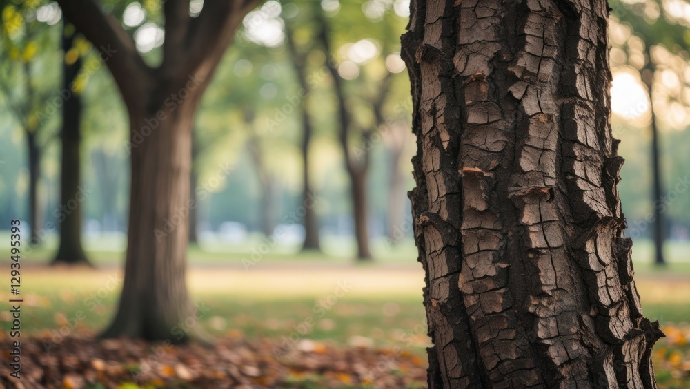 Aufkleber Textured tree bark in a serene park setting with blurred trees in the background creating a peaceful, natural atmosphere.