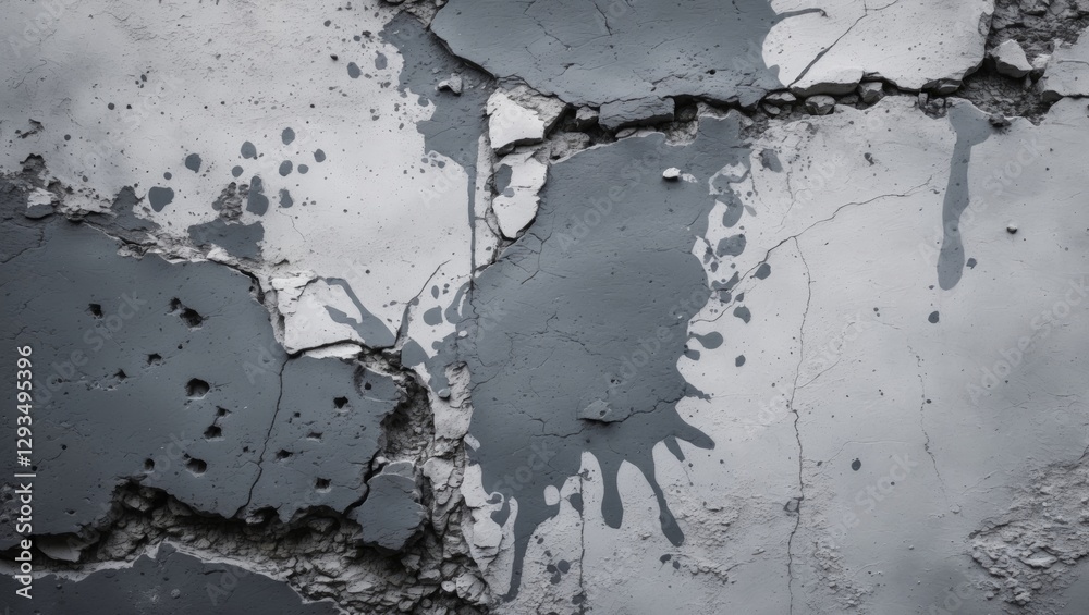 Aufkleber Grunge Concrete Wall Texture with Cracks and Paint Splashes in Grey and White Tones for Abstract Background or Artistic Design Use