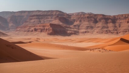 Fototapeta premium Wadi Rum majestic red desert landscape with vast sand dunes and rocky formations under clear sky suitable for text placement