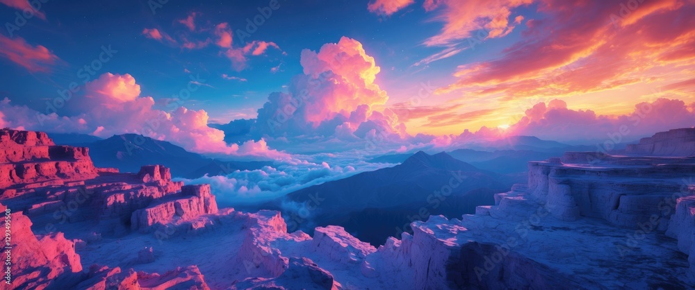 Aufkleber vibrant sunset sky over mountainous landscape with dramatic clouds ideal for background use or enhan