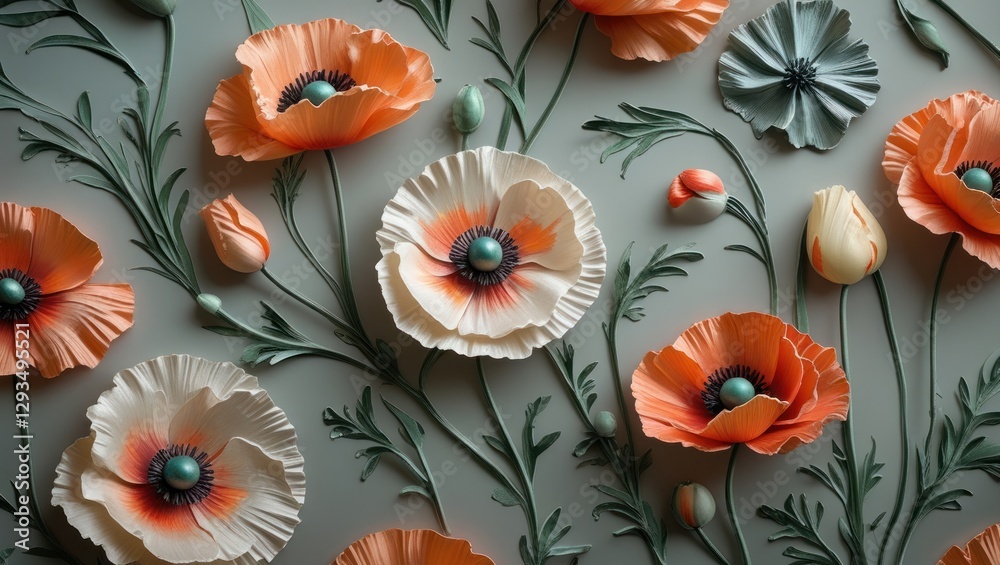 Poster elegant silk texture background featuring intricately painted poppy flowers in soft pastel colors fo