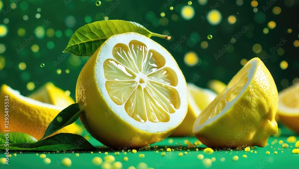 Poster Freshly Sliced Lemons with Green Leaves on Vibrant Green Background Creating a Refreshing and Lively Food Composition