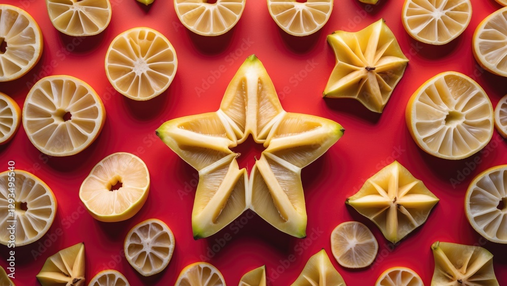 Poster sliced carambola starfruit arranged artistically on vibrant red background with space for text or gr