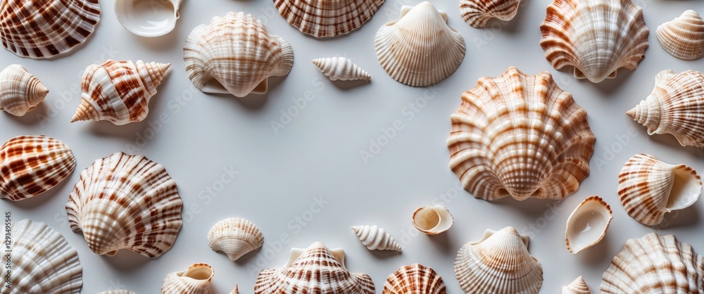 Poster Variety of Seashells on White Background with Ample Copy Space for Text Display and Marine Theme Design Elements