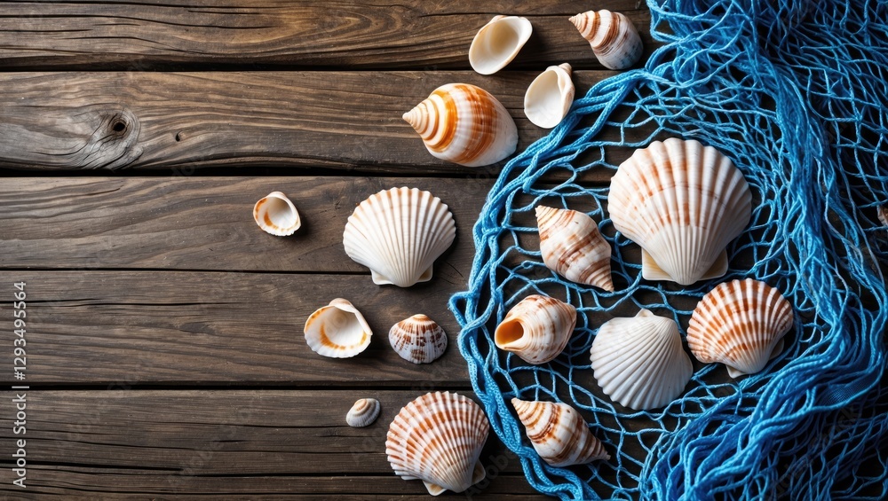 Poster seashells and blue fishing net on rustic wooden surface evoking coastal vibes and nautical themes