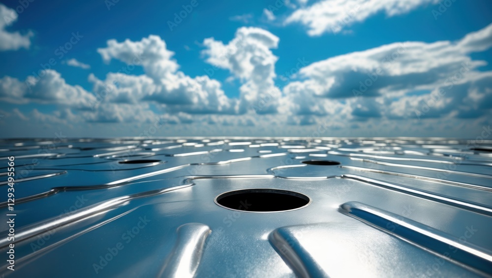 Aufkleber Metal floor with round openings reflecting a vibrant blue sky and fluffy clouds creating an industrial yet serene atmosphere.