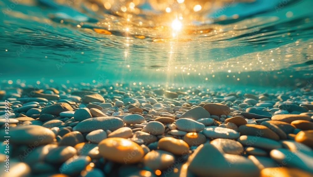 Aufkleber Sunlight shimmering on a pebble seabed creating a tranquil underwater scene with clear turquoise water and soft highlights.
