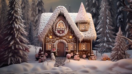Fototapeta premium Enchanting Gingerbread House in Snowy Forest Festive Christmas Home