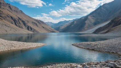Obraz premium Mountain Water Reservoir Surrounded By Rocky Shores Under Bright Blue Sky With Empty Space For Text Or Graphic Element
