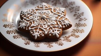 Fototapeta premium Festive Snowflake Gingerbread Cookie on White Plate with Gold Trim