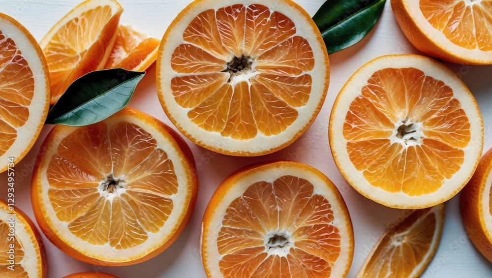 Aufkleber Close-up of Vibrant Tangerine Slices on a White Background with Fresh Green Leaves and Space for Text or Design Elements