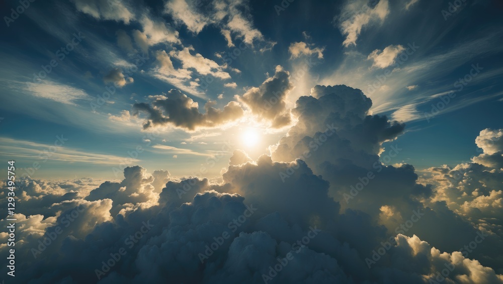 Poster dramatic sky with dark clouds illuminated by sunlight creates a majestic and serene atmosphere in na