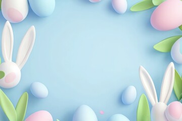 Obraz premium Easter Frame with Colorful Eggs and Bunny Ears on Blue Background.