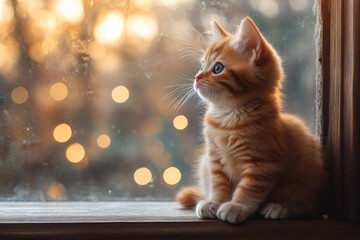 Curious kitten gazes through a sunlit window. Generative AI