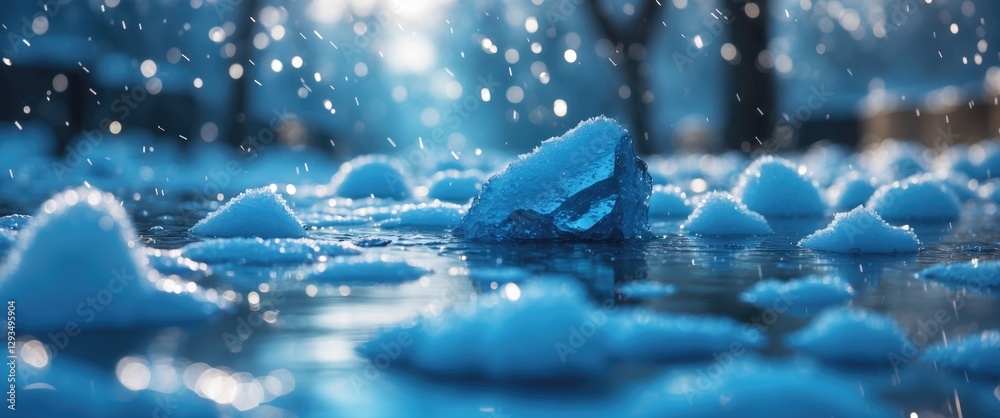 Poster blue and silver winter landscape with snowflakes and frozen ice formations reflecting light in a ser