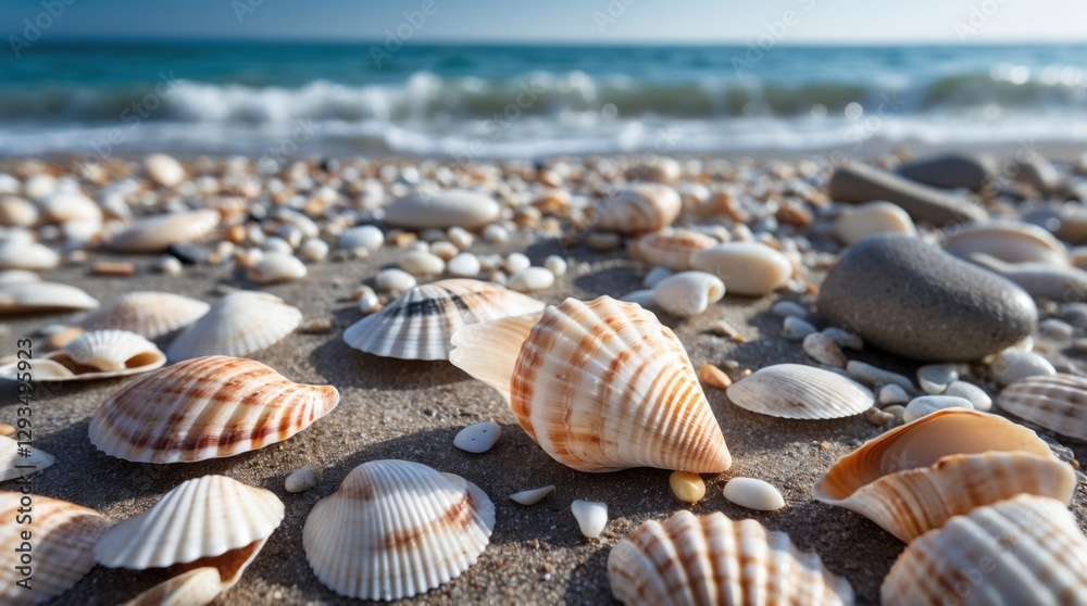 Poster mediterranean beach scene featuring seashells and pebbles scattered on sand with gentle waves in the
