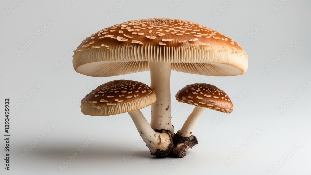 Poster shiitake mushrooms displayed on a white background showcasing their distinctive caps and stems in hi