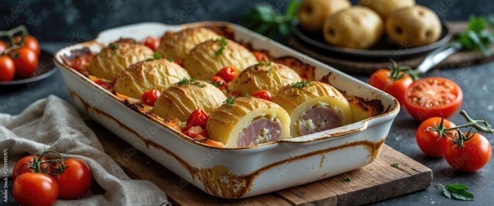 Poster baked potatoes stuffed with ham and tomatoes in a rustic dish with fresh ingredients and copy space 