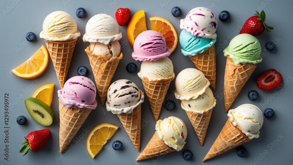 Poster colorful ice cream cones with fruit garnishes on grey background featuring diverse flavors and empty