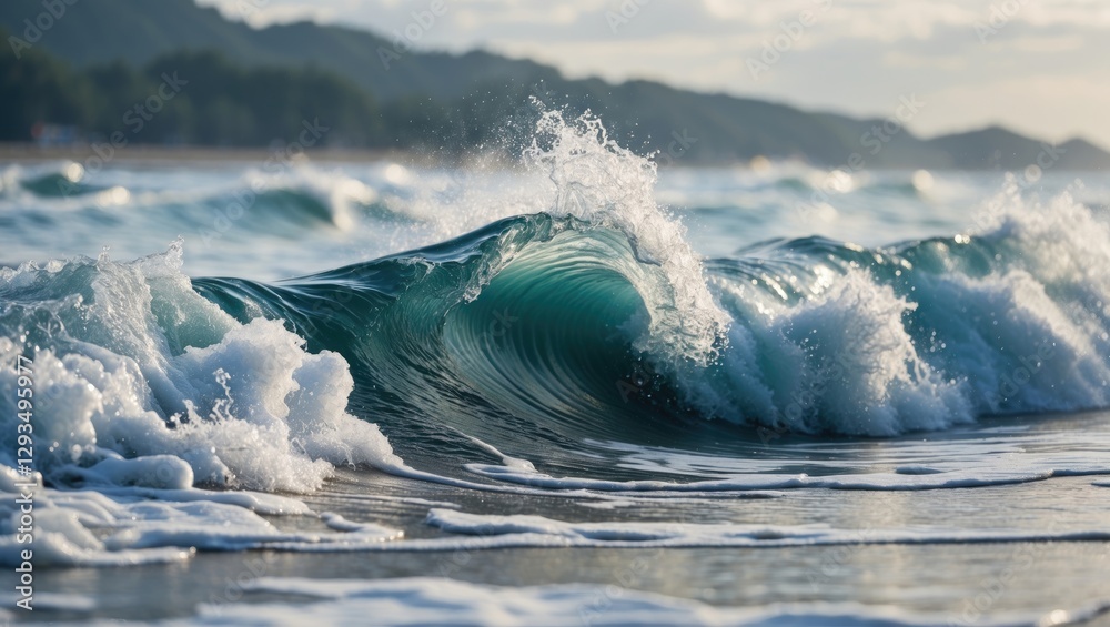 Poster crisp ocean wave captured in shallow focus with soft background ideal for use as a serene background