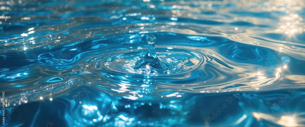 Poster Rippling blue water surface with sparkling highlights and a single water droplet creating concentric waves in a serene aquatic scene