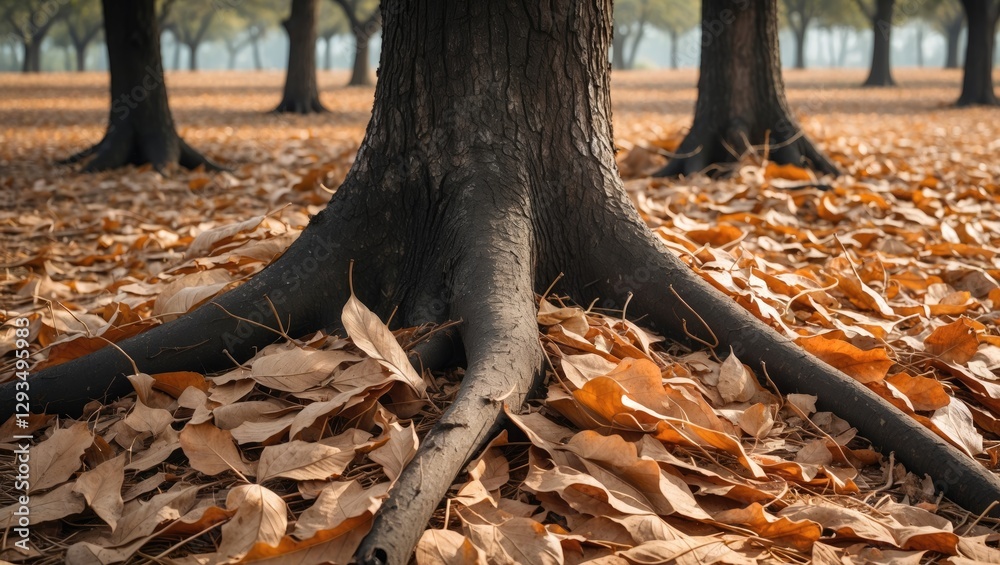 Poster autumn landscape with tree roots surrounded by a carpet of dry leaves creating a serene natural scen