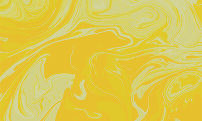 Yellow liquid background. Beautiful abstraction of liquid paints in slow blending flow mixing together gently. Creative abstract mixed yellow color painting with marble liquid effect panorama.
