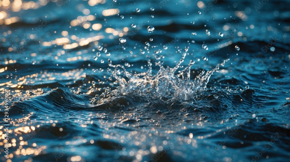 Poster rippled water surface with splashes and droplets illuminated by soft light, creating a serene and dy