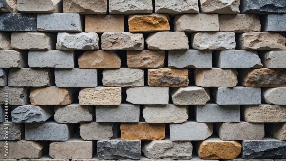 Poster textured wall of square stone blocks in varying colors arranged in a neat stacked pattern showcasing