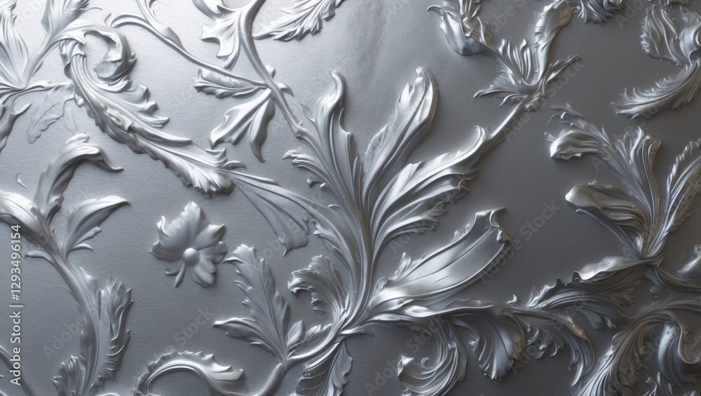 Poster elegant silver foil background with intricate floral metallic texture and glossy finish for sophisti