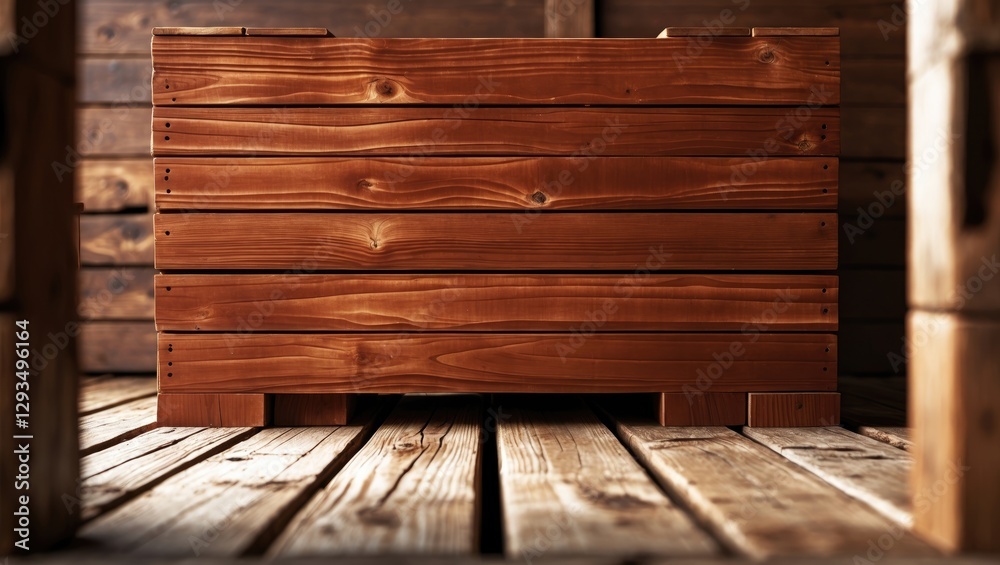 Poster New brown wooden crate on a rustic wooden floor offering space for text or message in a warm, inviting setting.