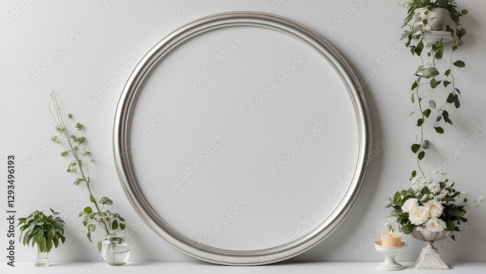 Poster elegant silver round frame for artwork or mirrors isolated on a white background surrounded by delic