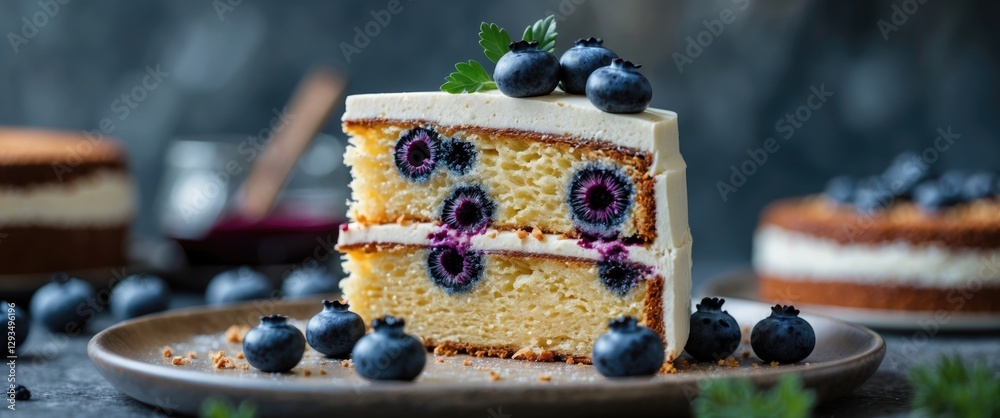 Aufkleber Delicious slice of layered cake with blueberries and poppy seeds served on a plate with a blurred background and space for text