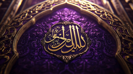 Elegant Gold Calligraphy on Rich Purple Background Intricate Design Luxurious Islamic Art Ornate Frame Detailed Pattern Golden Lettering Spiritual Decor High Resolution Image Premium Quality Digital  