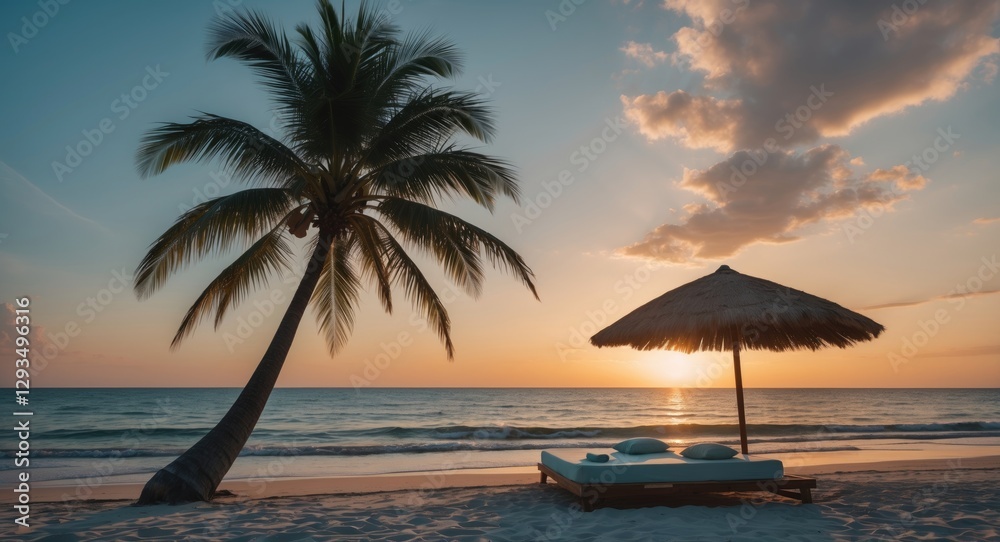 Aufkleber Tranquil Sunrise Scene with Silhouetted Coconut Tree and Beach Bed on Serene Beach with Soft Waves and Empty Sky for Text Space