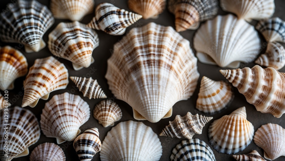 Aufkleber Diverse Natural Seashell Collection Displayed in Various Shapes and Patterns on a Neutral Background for Coastal Decor and Design Projects
