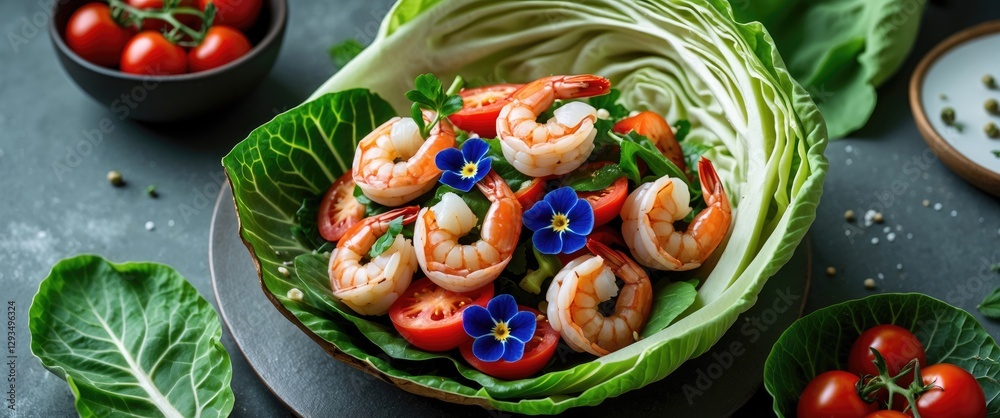 Poster exotic shrimp salad with edible flowers and fresh vegetables served in cabbage leaf for summer party