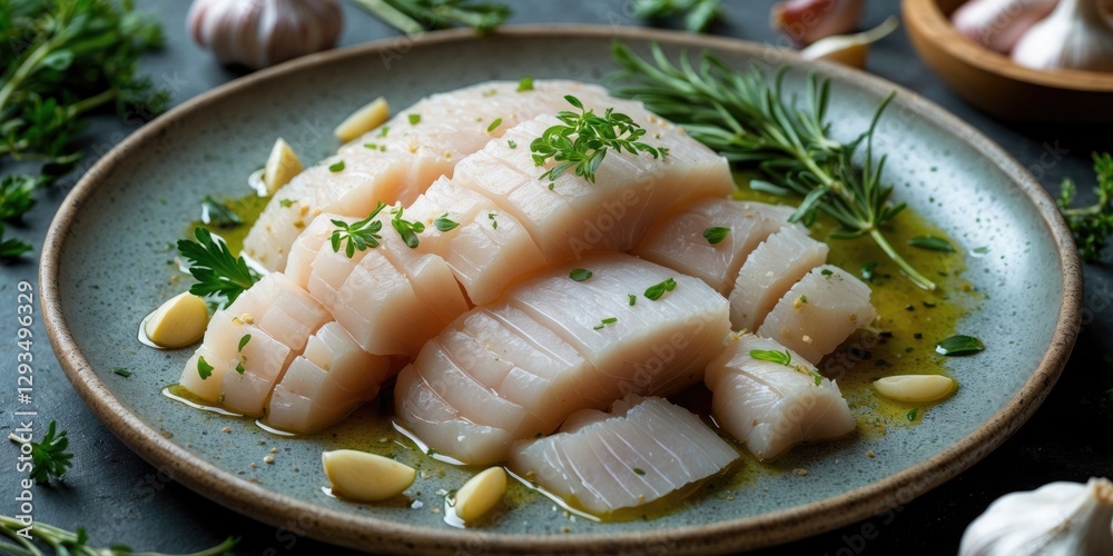 Poster sliced salted cod garnished with garlic and herbs on a plate with olive oil and copy space for text 
