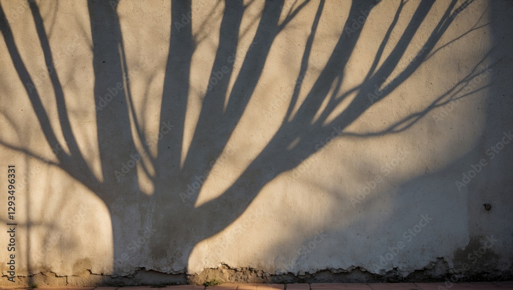 Aufkleber Cactus tree shadow casting intricate patterns on a wall with ample empty space for text or graphic overlay in a serene outdoor setting.