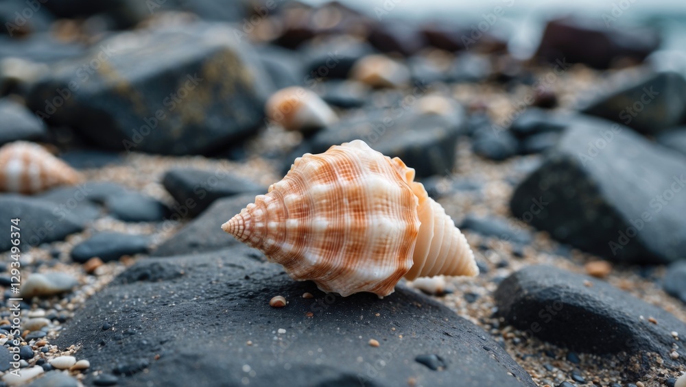Poster seashell resting on dark rocks amidst sandy beach landscape with coastal elements
