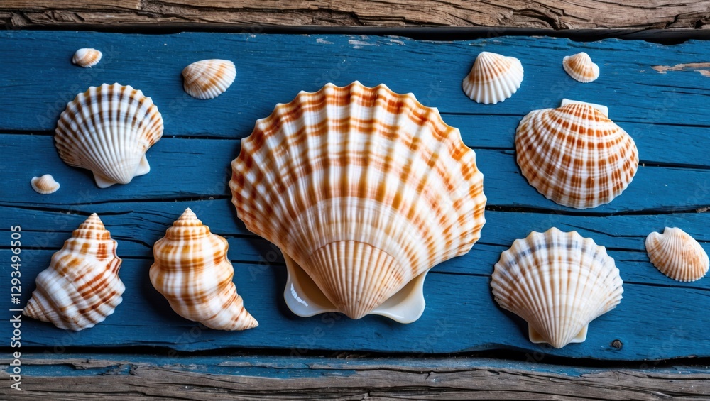 Poster Colorful seashells arranged on a rustic blue wooden surface creating a textured coastal backdrop suitable for design and decor themes.
