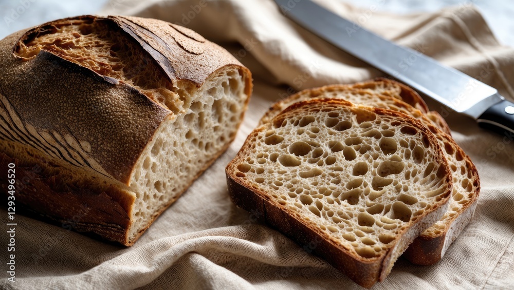Aufkleber Sliced rye sourdough bread resting on beige fabric with a knife highlighting its airy texture and rustic crust.