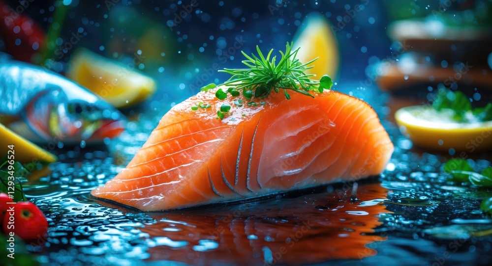 Poster fresh salmon slice garnished with herbs and surrounded by citrus fruits on a reflective surface with